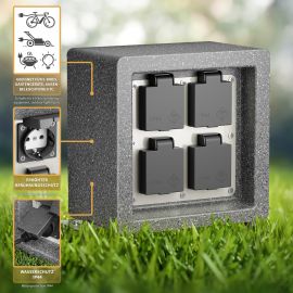 Garten-Steckdose mit Erdspieß Stein-Optik POCK für außen, 4-Fach, quadratisch, 20cm (Farbe wählbar)