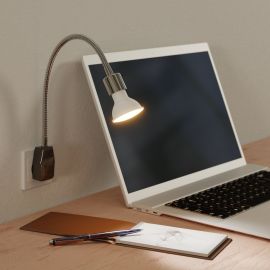 Steckdosenlampe LESCH Leselampe Schwanenhals, Schalter, Chrom inkl. Smart Home RGBW GU10 LED Lampe, 5,41W, 473lm (Farbe wählbar)