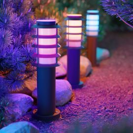Pollerleuchte PORU Gitter mit Erdspieß für außen, Edelstahl, rund, inkl. Smart Home RGBW E27 LED Lampe, 8,89W, 892lm (Farbe, Mit Kabel wählbar)