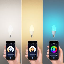 E14 LED RGB Leuchtmittel, Kerze, warmweiß - kaltweiß (2900 - 6400 K), 5,1 W, 572lm, Smart Home, WLAN, Alexa, matt