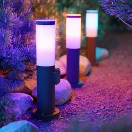 Pollerleuchte PORU mit Steckdose für außen, edelstahl, rund, 38,5cm, inkl. Smart Home RGBW E27 LED Lampe, 892lm (Farbe wählbar)