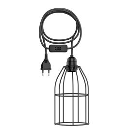 Käfig-Leuchte, 122mm Ø, Textilkabel LEKA schwarz, Stecker, Schalter und E27 Fassung, 3m