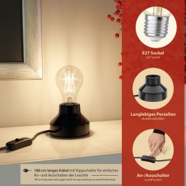 E27 Porzellan Tischlampe TIX, rund mit Stecker, Schalter, inkl. Smart Home LED Lampe (Farbe, Leuchtmittel wählbar)