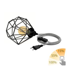 Käfig-Leuchte klein, Textilkabel LEKA schwarz/weiß, Stecker, Schalter, 3m, inkl. E27 LED Lampe gold max. 778lm, 3-Stufen dimmen, extra-warmweiß