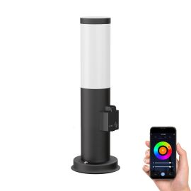 Pollerleuchte PORU mit Steckdose für außen, edelstahl, rund, 38,5cm, inkl. Smart Home RGBW E27 LED Lampe, 892lm (Farbe wählbar)