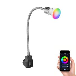 Steckdosenlampe LESCH Leselampe Schwanenhals, Schalter, chrom/schwarz + Smart Home RGBW GU10 LED Lampe 473lm