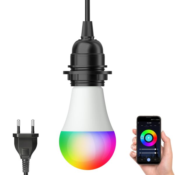 Kabel LEKA mit Stecker, Schalter und E27 Fassung, schwarz, 3m, inkl. Smart  Home RGBW LED Lampe, 8,89W, 892lm von ledscom.de