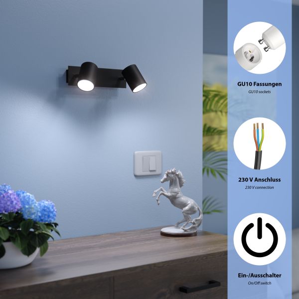 Wandspot WAIKA, zweiflammig, mit Schalter, schwarz matt, inkl. Smart Home  RGBW GU10 LED Lampen je 473lm von