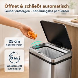 Bild von Sensor Mülleimer SORTA 50L, automatischer Küchen Abfalleimer mit Bewegungssensor & Touch, Edelstahl, 4xAA Batterie, 35,5 x 26 x 67 cm, Silber/Schwarz