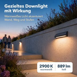 Bild von LED Wandleuchte / Treppenlicht SEGIN für außen, IP54, flach, Downlight, schwarz matt, eckig, 8,9 W, 889lm, warmweiß