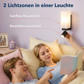 Bild von Wandleuchte ZARO mit Leselampe, USB-C & USB-A, schwarz, Bettlampe innen mit E27 Raumlicht, GU10 Spot, 2 Schaltern, Echtglas, 230 V (Ohne Leuchtmittel)