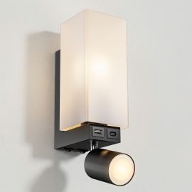 Bild von Wandleuchte ZARO mit Leselampe, USB-C & USB-A, schwarz, Bettlampe innen mit E27 Raumlicht, GU10 Spot, 2 Schaltern, Echtglas, 230 V (Ohne Leuchtmittel)