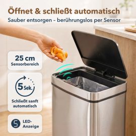Bild von SORTA Sensor Mülleimer 72L Edelstahl, Mülleimer 3 Fächer für Küche, 3-Kammer-Mülltrennsystem 47 L + 2 × 12,5 L, berührungslos mit 5-Sek.-Auto-Close, herausnehmbare Inneneimer