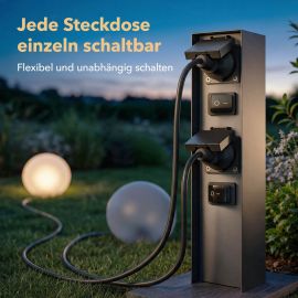 Bild von Garten Steckdosensäule POMI mit Erdspieß und Kabel/ohne Kabel für außen mit Schalter, IP44, 2-fach, Edelstahl, anthrazit, eckig, 33cm [Anzahl wählbar] (Mit Kabel wählbar)